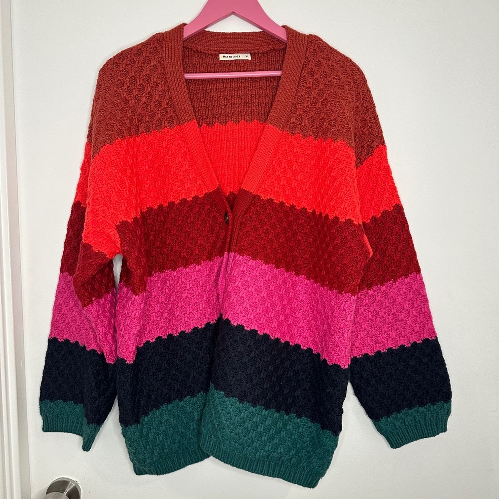 Marine Layer Striped Knit Cardigan in Red, Pink, Green, Navy, Brown